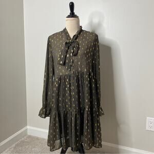 Elan Black Gold Metallic Feather Tie Neck Bow Button-up Bell Sleeve Dress Large